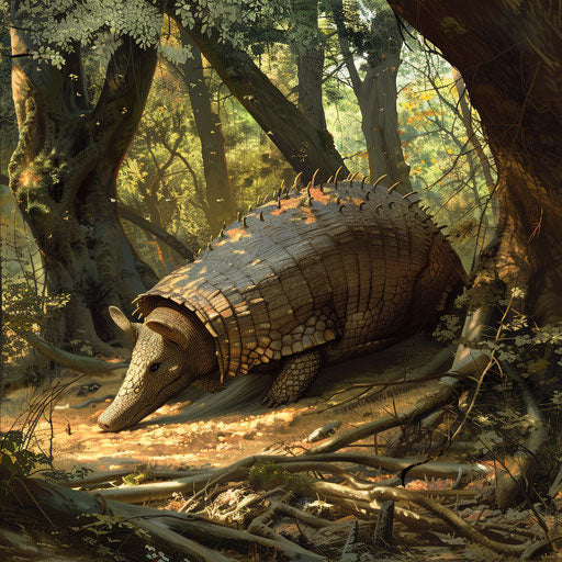 An armadillo digging under ancient trees