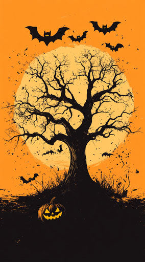 Haunted Halloween wallpaper with old tree and pumpkins