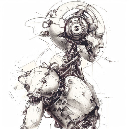 Renaissance-inspired mechanical tattoo design with an automaton Leonardo da Vinci sketch style, on a white background.
