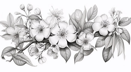 Black and white drawing of flowers, cherry blossom style