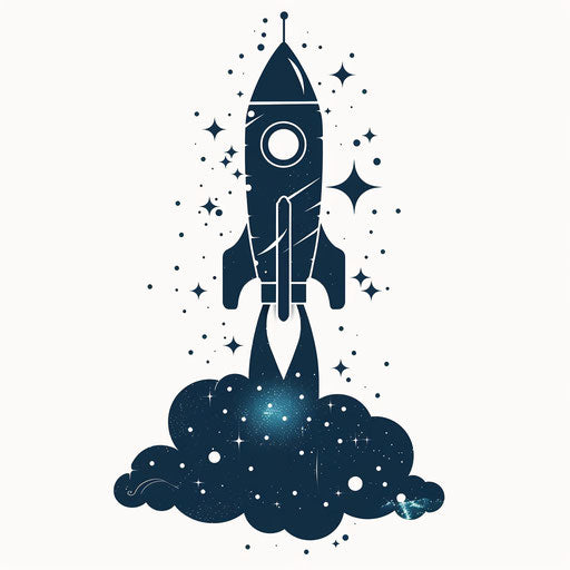 Minimalist rocket silhouette against starry sky, cool blues and whites, clipart design