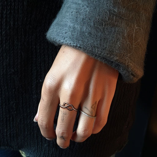 Delicate tattoo ring infinity symbol style Ami James, on finger