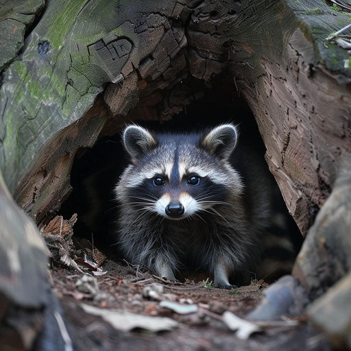 Raccoon peering out from den beneath large tree root, early morning.