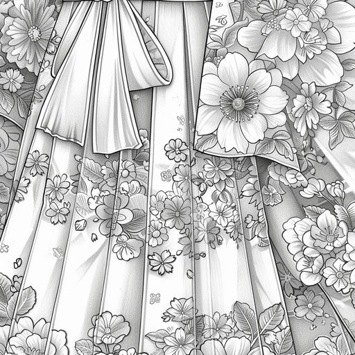 Traditional kimono with floral patterns, coloring book page