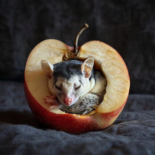 A flying squirrel napping in a cozy, hollowed-out apple