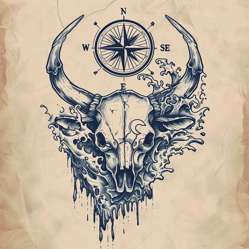 Cow skull tattoo with ocean waves and compass