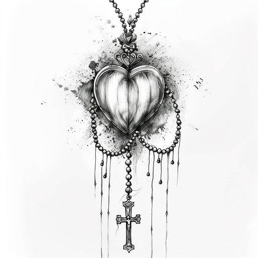 Illustration of a rosary tattoo design wrapping around a symbolic heart, black and gray ink on a white background.