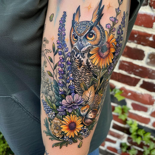 Wildflower tattoo with owl, nighttime colors