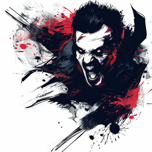 Dynamic flat tattoo sketch of a vampire in mid-transformation with abstract shadow elements