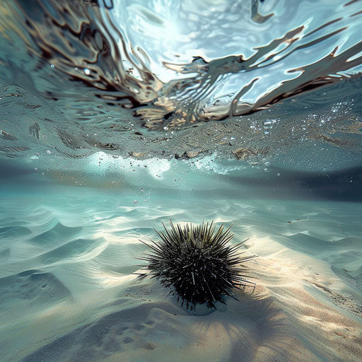 Sea urchin on sandy seabed with gentle waves above