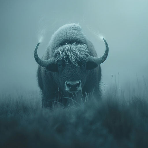 Musk ox in a foggy, mystical setting in the style of Vincent Munier