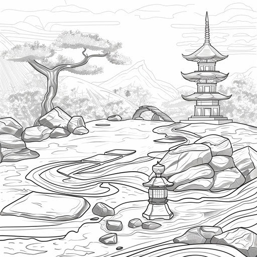 Tranquil zen garden with raked sand and stone lanterns