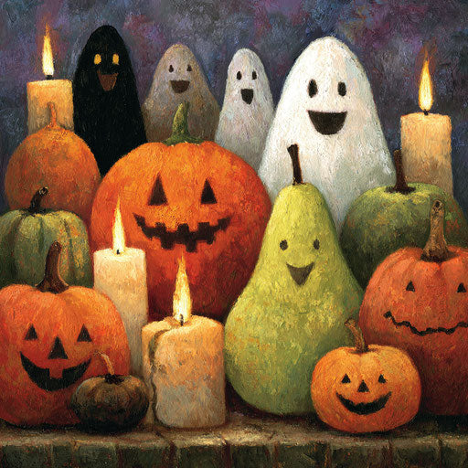 Ghosts and pumpkins in an eerie yet whimsical scene