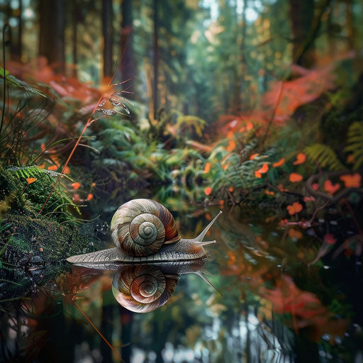 The wolf snail at the edge of a creek in a lush forest