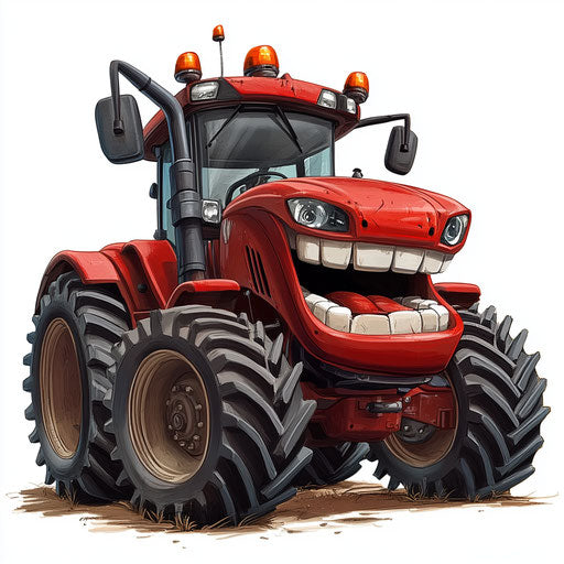 Humorous caricature of a tractor with exaggerated human characteristics
