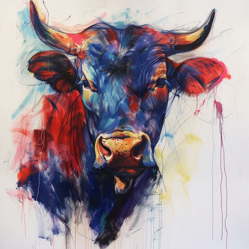 Impressionistic bull tattoo art, loose brush strokes and vibrant colors on white canvas