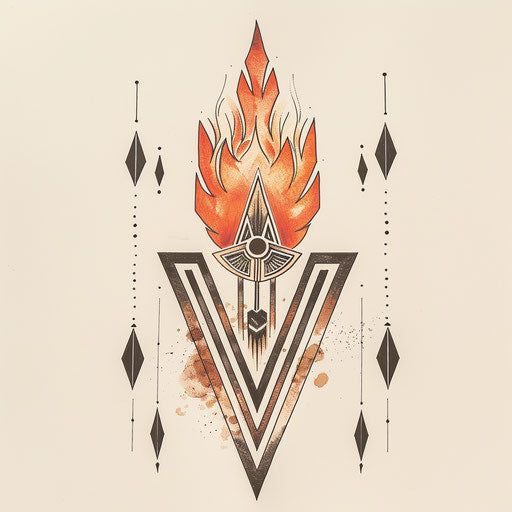 Flame tattoo design with art deco elements on white canvas