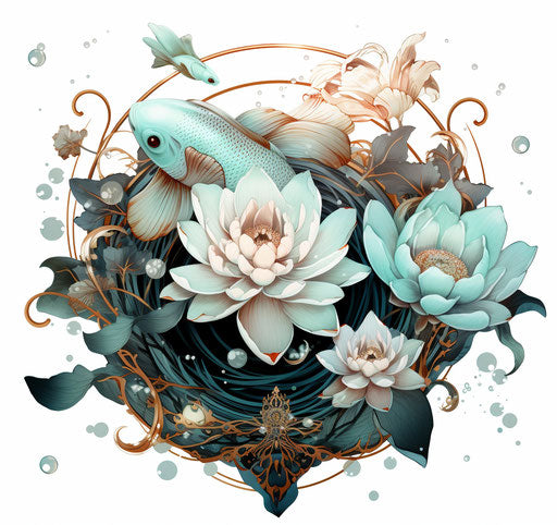 Lotus flower and fish, black, aquamarine, cosmic symbolism