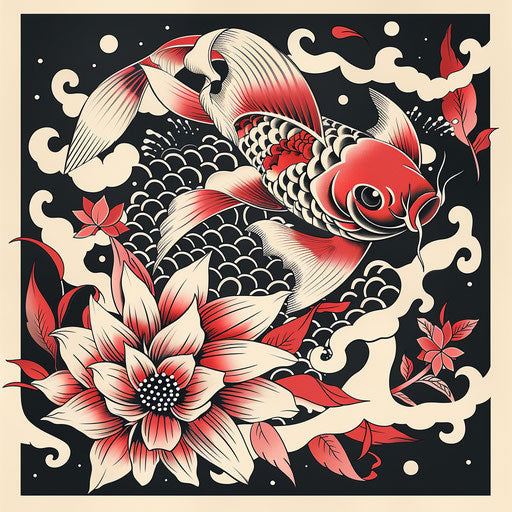 Girly tattoo sketch with traditional Japanese koi fish in red and black