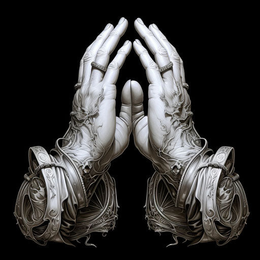 Black and white prayer tattoo, chrome-plated style