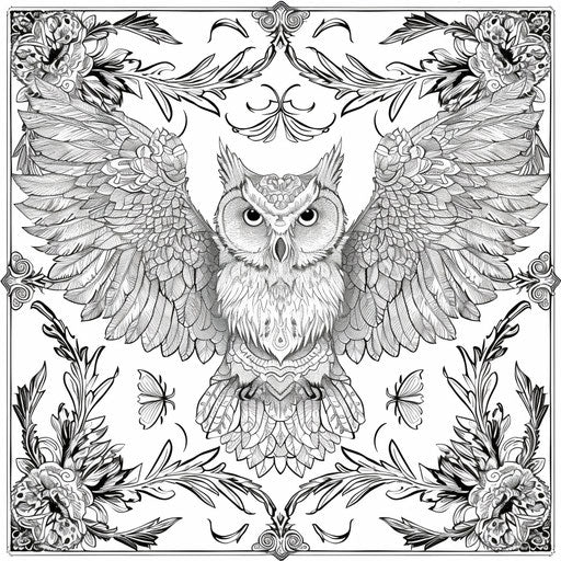 Intricate owl with detailed feathers. Coloring book page
