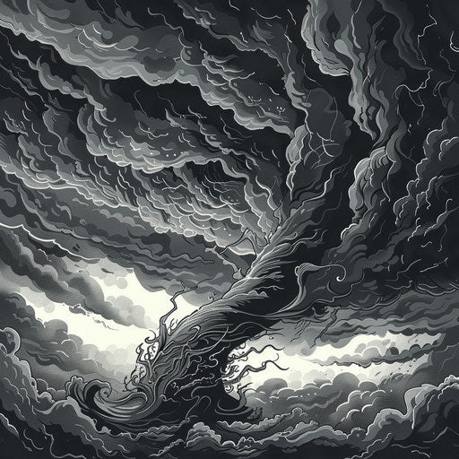 Dramatic tattoo sketch of a tornado under a stormy sky, in swirling grays and blacks, clipart style