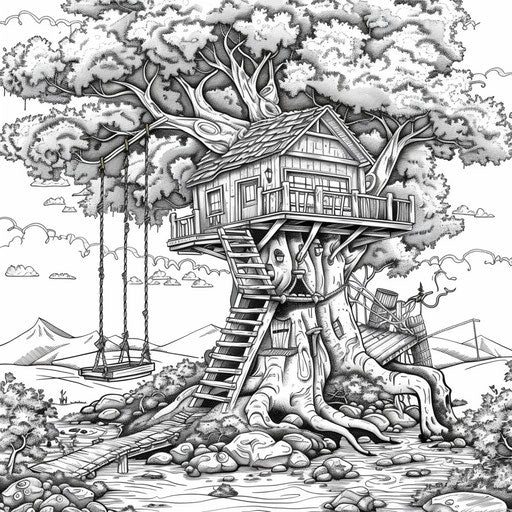 Detailed treehouse nestled high in an ancient tree with rope ladders and swings. Coloring book page