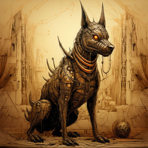 Drawing of an Egyptian dog, in the style of apocalyptic visions, controversial