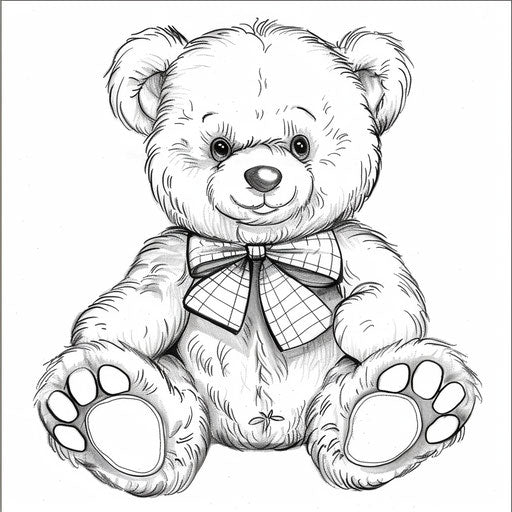 Teddy bear with bow tie sitting down. Coloring book page