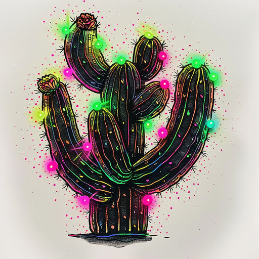 Rustic flat tattoo sketch of a neon cactus with vibrant green and pink lights