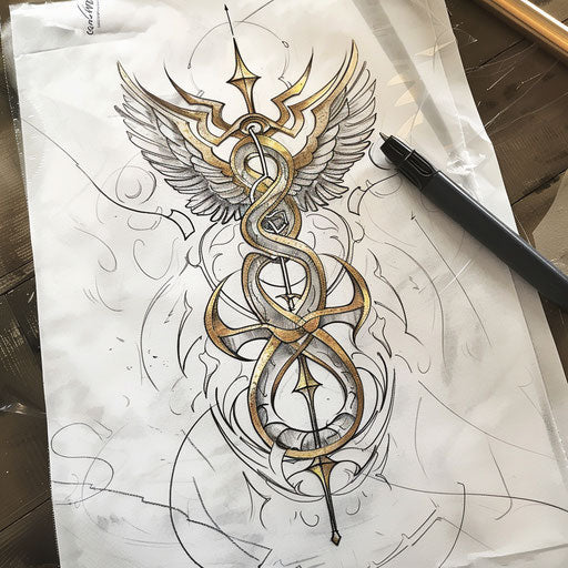 Stylish flat tattoo sketch of a caduceus symbol
