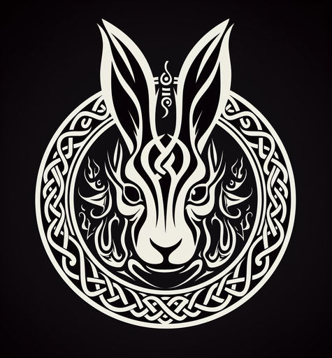 The hare tattoo design is very stylized, in the style of celtic art