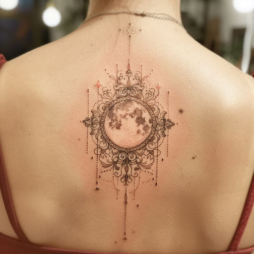 Stylish flat tattoo sketch of a full moon with delicate lace patterns and soft colors