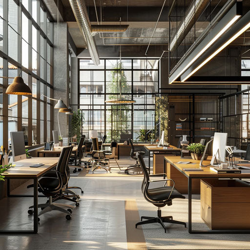 Modern open-plan office with ergonomic chairs