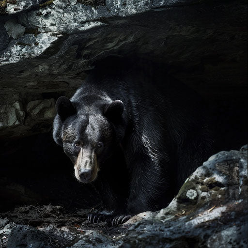 Black bear in a shadowy cave, dramatic and intense