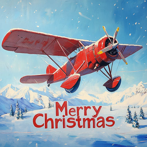 "Merry Christmas" banner towed by a vintage airplane across a clear blue sky, snowy mountains in the background