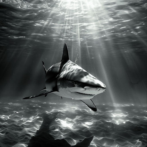Bull shark in a tranquil sea with rays of sunlight penetrating