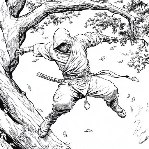 Ninja leaping from tree to tree, Mike Zeck style, coloring page