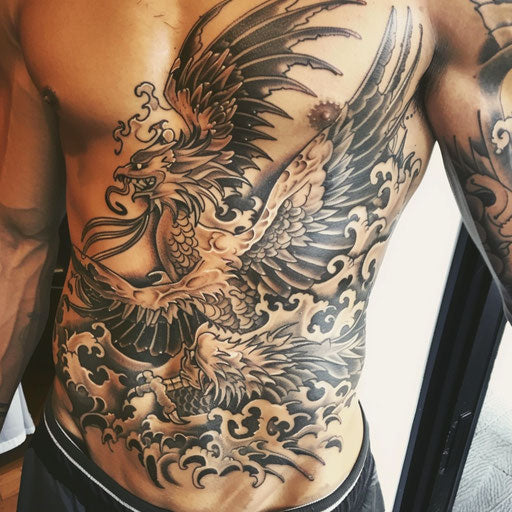 Stomach tattoos of a phoenix, in the style of Ami James