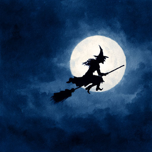 Silhouette of a witch under a glowing full moon