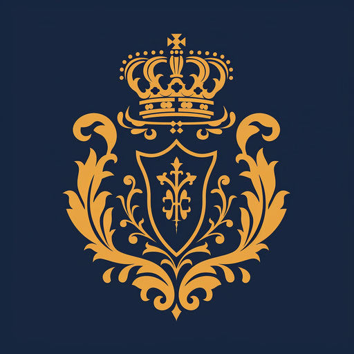 Classic logo with traditional serif font and royal crest, in navy blue and gold