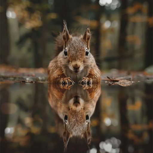 Squirrel and its reflection in a calm pond
