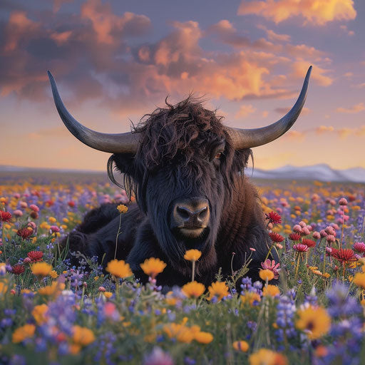 Yak resting in a field of wildflowers at dusk