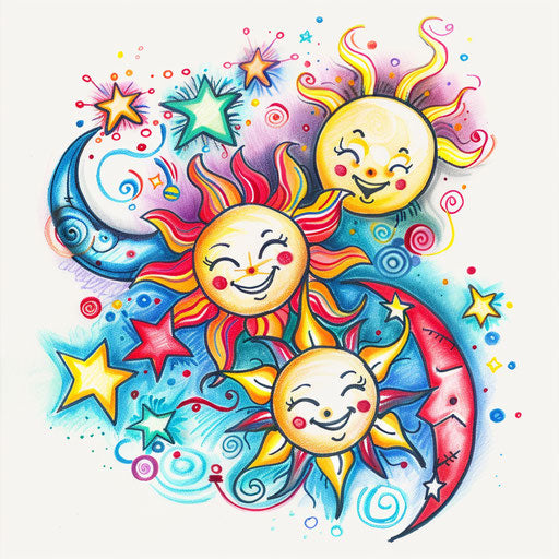 Playful tattoo sketch of sun, moon, and stars with happy faces
