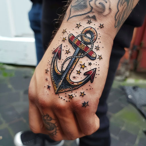 Classic anchor and star motifs finger tattoo