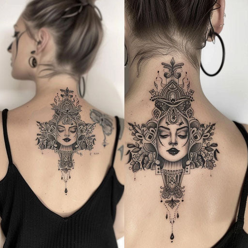 Female neck tattoos with heroic elements, Glenn Fabry style