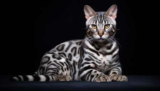 Bengal cat in dark silver and light navy, indigenous motifs
