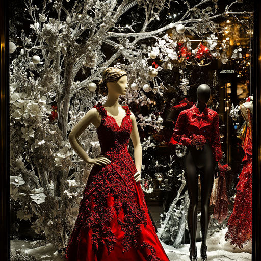 Luxurious Christmas display with elegant mannequins and frosted glass background
