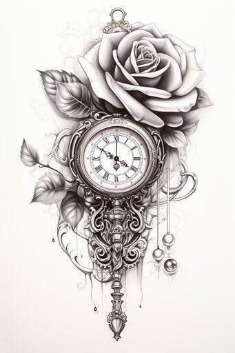 Tattoo of a clock and a rose, naive drawing style