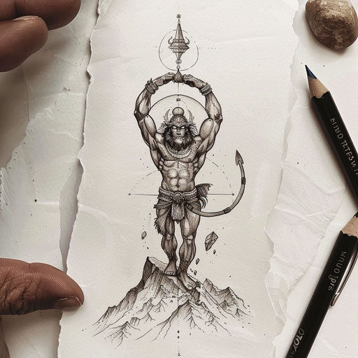 Surreal sketch of Hanuman lifting a celestial mountain